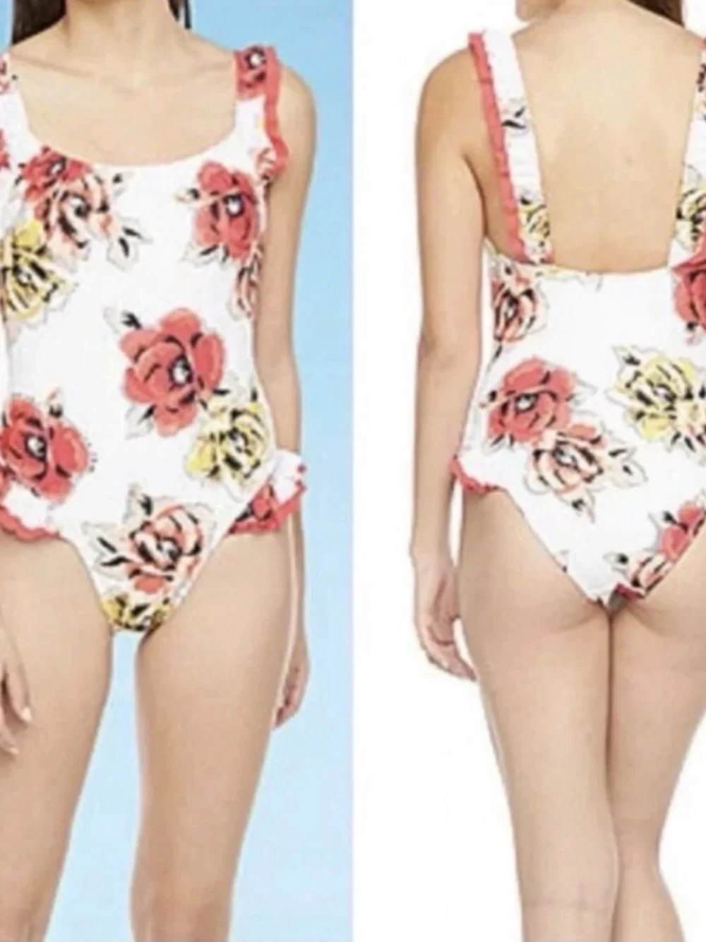 Decree One-Piece Size S White Red Floral Rose Print Swimsuit Ruffle Trim